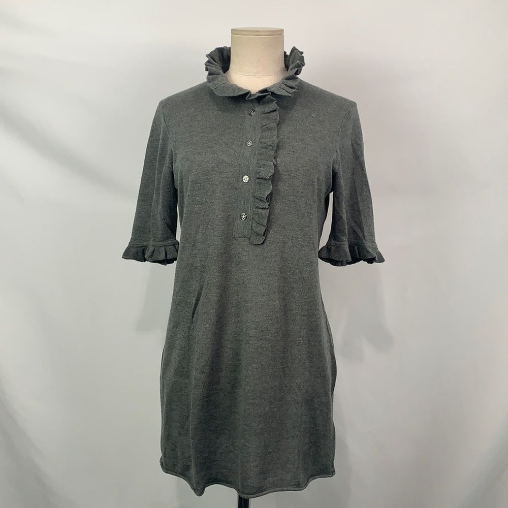 Tory Burch gray cashmere blend ruffle trim button sweater